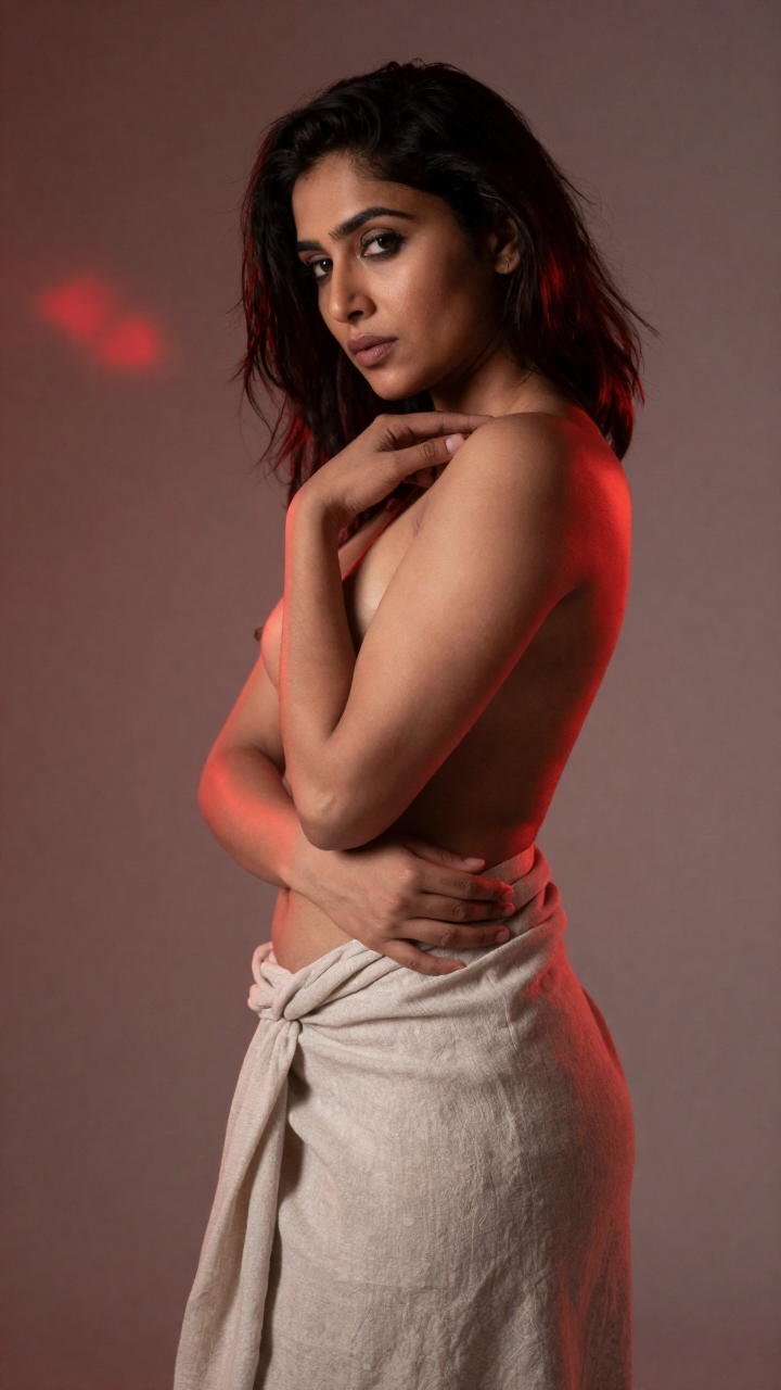 Fictional consenting adult woman age 30, South Asian, topless fine-art styling with linen wrap, graceful silhouette