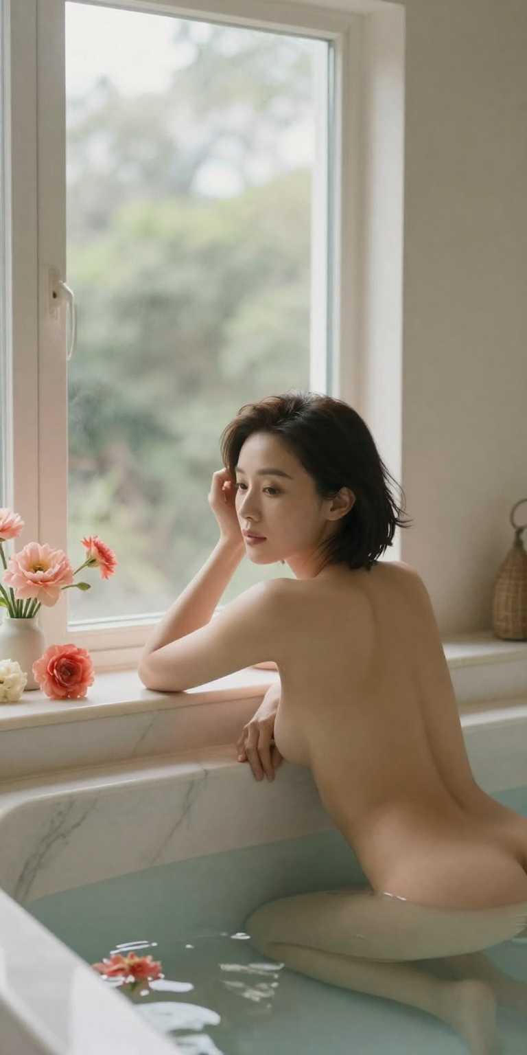 fictional consenting adult woman age 32 relaxing beside a tall marble spa window with strategically placed
