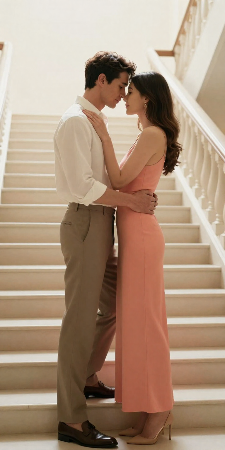 two fictional consenting adults age 30 and 33 in an intimate romantic embrace on a grand