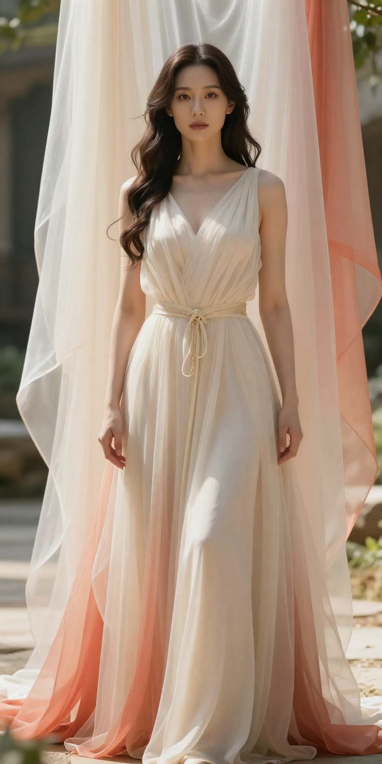 fictional consenting adult woman age 30 as an original fantasy muse in cascading translucent fabric, towering